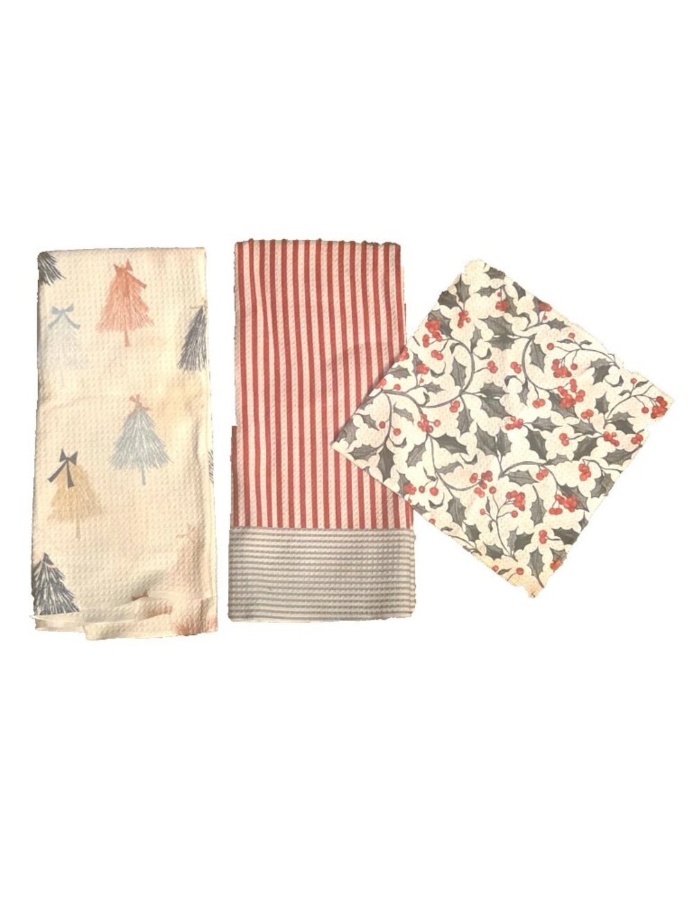 3 Geometry Christmas Kitchen Linens Towels Washcloth Trees Stripes As Is